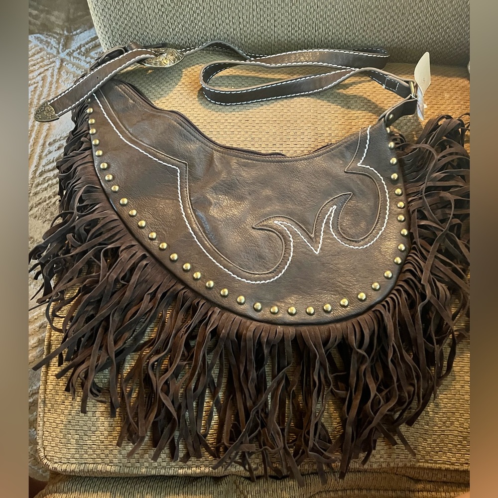 NWT brown sling purse with fringe, free gift with purchase!